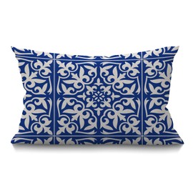 Smooffly Moroccan Tile Pillow Cover Traditional Floral Cobalt Blue Waist Lumbar Cotton Linen Throw Pillow case Cushion Cover for Sofa Home Decorative Oblong 12x20 Inches
