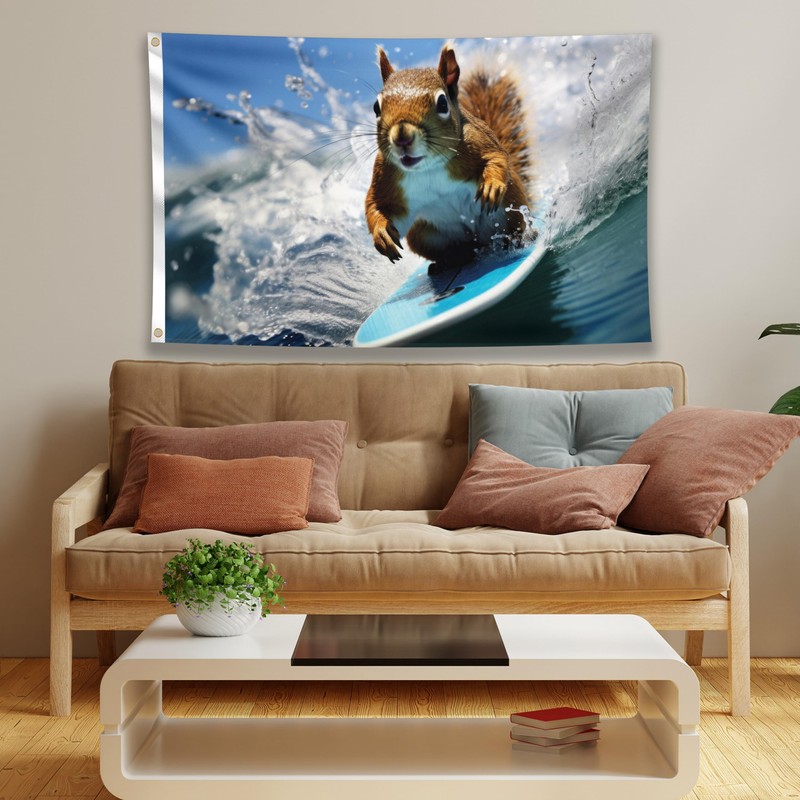 Surfing Squirrel Flag - Large Funny Flag - Double-Sided Print