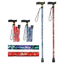Aidapt Set of 2 Floral Folding Walking Sticks with Adjustable Height, Smooth Handle, Rubber Ferrule, and Hanging Strap – Stylish and Convenient Mobility Aid Set of 2