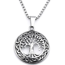 Retro Vintage Stainless Steel Round Shape Tree of Life Pendant Necklace (Silver)