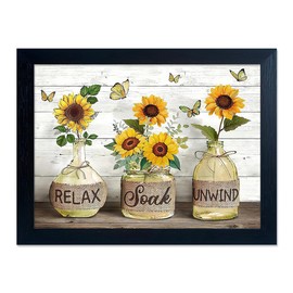 Sunflower Wall Art Bathroom Wall Decor Picture Framed Farmhouse Yellow Flower Canvas Pictures Floral Painting Butterfly Vase Prints Rustic Artwork Home Decoration