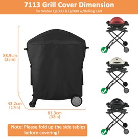 7113 Grill Cover for Weber Q1200 Series on Cart, for Weber Q100 Q120 Q1000 Q1200 Q200 Q220 Q2000 Q2200 Q2400 Gas Grills, Heavy Duty Waterproof 81 CM Waterproof Gas Grill Cover, 600D Fabric
