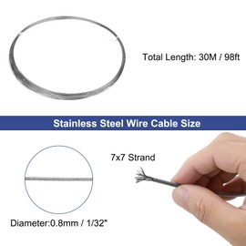 QUARKZMAN 1/32 Inch (0.8 mm) 304 Stainless Steel Rope Wire Rope 7 x 7 Strand Core 98 ft (30 m) Aeroplane Wire for Outdoor Construction Marine Rigging Decking Railing