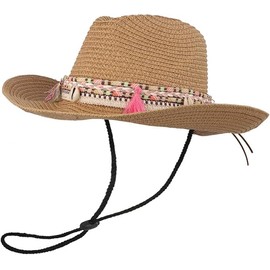 FakeFace Women's Bohemian Sun Hat with Wide Brim Straw Hat Cap Summer Hat UV Protection Beach Hat with Belt Retro Panama Floppy Hat Cowboy Hat Western Hat for Women, khaki, Unit size