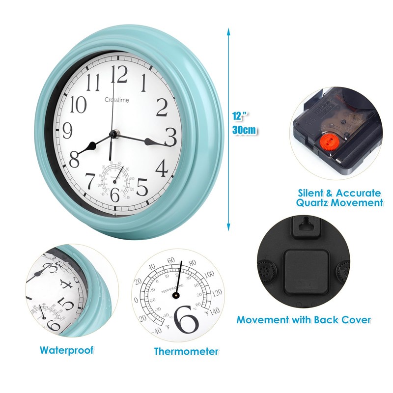 Crosstime 12 Inch Outdoor Clock Waterproof with Thermometer,Vintage Indoor Outdoor