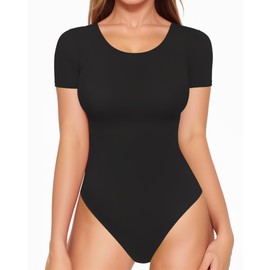 ALGALAROUND Women's Bodysuits T-shirts Short Sleeve Bodysuit with Classic Crew Neck Cotton Elegant Women's Body Women Tops Top, black, S