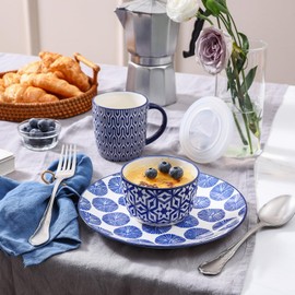 Selamica Ramekins with Lids, 8 oz Oven Safe Creme Brulee Ramekins with Covers, Souffle Dishes Pudding Custard Cups, Stackable Ceramic Small Ramekin Bowls Set for Baking, Dipping, Ice Cream, Set of 6, Vintage Blue