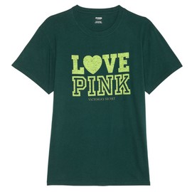 Victoria's Secret Pink Campus Tee Shirt Deep Forest Green Lime Heart Logo XXL💚