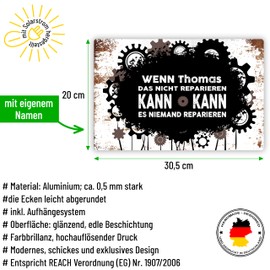 True Statements Retro Tin Sign with German text "Wenn DeinName das Nicht reparieren kann, kann es niemand reparieren” - Metal Sign with Hanging System, approx. 20 x 33 cm - Vintage Grunge Style