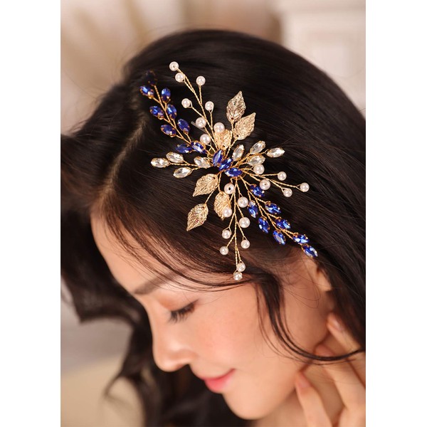 Kercisbeauty Gold Leaf and Blue Crystal Wedding Bridal Hair Comb Handmade Jewellery for Special Occasions