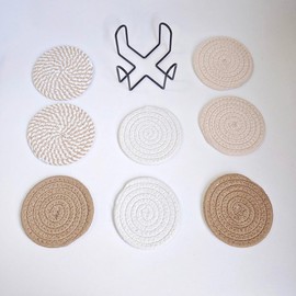 Woven Cotton Coasters with Metal Holder, Set of 8, Round,4 Colors Absorbent Coaster Set for Home Decor Tabletop Protection Suitable for Kinds of Cups (Brown Series)