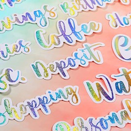 34 Pieces Cash Envelope Labels Stickers Budget Planners Decals Budget Stickers Envelopes Labels Holographic Vinyl Label Decals Finance Planners Money Sticker for A6 Binder Pocket(Multicolor)