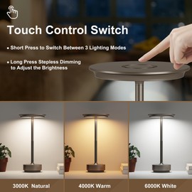 FDIDC Rechargeable Cordless Table Lamps,Portable 5000mAh LED Table Light, 3 Color Stepless Dimming Battery Powered Metal Table Lamp for Outdoor/Patio/Restaurant/Camping.(Cafe)