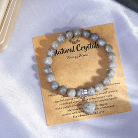 MAIBAOTA Labradorite Bracelet for Women, 8 mm Grey Beaded Bracelet, Mothers Day Crystal Gifts for Mom, Crystal Gemstone Love Heart Bracelet Jewelry Gifts for Birthday Valentine's Day Anniversary
