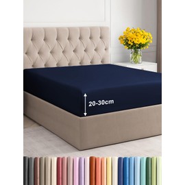 Fitted Sheet 90 x 200 cm Navy Blue 30 cm Base Height – Luxury Fitted Sheet for Single Bed – Fits Mattresses up to 30 cm Height – Soft, Wrinkle-Free and Breathable Bed Sheet – Single Pack