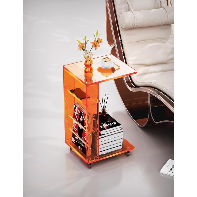 Clear Acrylic Side Table on Lockable Wheels, C Shaped End