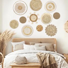 LOMOHOO Set of 11 Boho Wall Basket Decor Wicker Woven Wall Basket Decorations Bohemian Handcrafted Round Basket Bowl Hanging decor Bulrush Wall Art Decors for Living Room Rustic Home