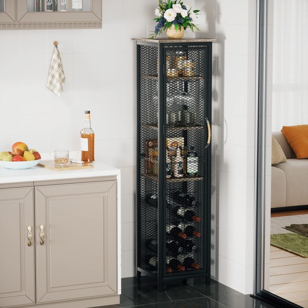 VECELO 3-Tier Wine Racks Cabinet with Door, 62.5" Height Industrial Home Bar Storage Freestanding Floor for 15 Liquor Bottles and Glasses Holders in Kitchen, Dining&Living Room,Old School