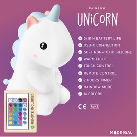 Einhorn - Nachtlicht Kinder - Schlafzimmer - USB-C Wiederaufladbar mit Fernbedienung - Mehrfarbig und warmes Licht - Geschenk Neugeborenes - Weiche Silcone - Timer Regenbogenlichter - Hellblau