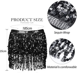 Belly Dance Skirt Hip Scarf, Sequin Tassel Belly Dancing Skirt Dance Hip Belt Latin Dance Hula Hip Scarf Performance Outfit for Women Girls(Black)