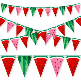 Tudomro 4 Pcs Watermelon Party Banner Triangle Paper Pennant Flag Banner Garland Decor for Watermelon Birthday Baby Shower Party Decoration (Red Pink Green)