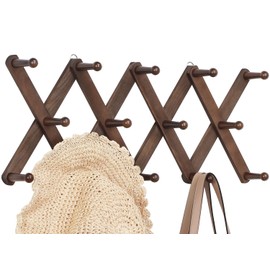 Optish Accordion Wall Hanger with 14 Pegs, Expandable Coat Rack Wall Mount, Wood Hat Rack for Wall, Hat Hangers for Hanging Coat, Purse, Mug (Walnut)