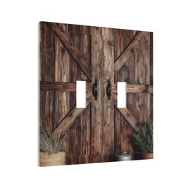 VGHOKO Decorative Switch Plate Cover with Rustic Barn Door Vintage Weathered Wood Texture Design 2 Gang Wall Plate Unique Double Toggle Double Light Switch Covers for Farmhouse Kitchen Decor