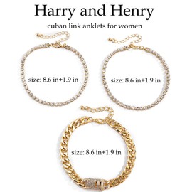 Stocking Stuffers Holiday Outfits for Women 2024 Ankle Bracelets for Women, 3PCS Adjustable Layered Anklets Boho Beach Anklet Chain Cuban Link Anklets Shiny Rhinestone Ankle Jewelry for Summer Beach (Gold)