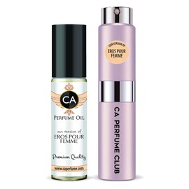 CA Perfume Duo Impression of Eros Pour Femme For Women Eau de Parfum Refillable Atomizer Sprayer + Fragrance Body Oil Long Lasting Sample Travel Size Roll-On Bottle 0.27 Fl Oz+0.33 Fl Oz
