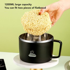 Generic Ramen Bowl With Lid, Ramen Noodles Bowl Ramen Bowl With Chopsticks 1200ml 304 Stainless Steel Portable Noodle Bowl with Chopsticks Spork and Lid for Picnic Office (Black)