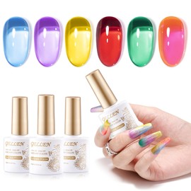 Gellen Jelly Neon Gel Nail Polish Set, 6 Colors Rainbow Semi Sheer Jolly Neon Gel Polish Kit, 0.33 oz Spring Summer Translucent No Wipe Soak Off Glossy UV Gel for Nail Manicure Women
