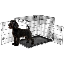 Simple Deluxe 36-Inch Medium Dog Crate with Divider, Double Door Folding Metal Wire Cage with Leak-Proof Plastic Tray, Portable Pet Kennel for Indoor, Outdoor, and Travel