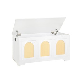 DINZI LVJ Storage Chest, 39.4" Rattan-Like Storage Box with 2 Safety Hinges, Wooden Entryway Shoe Bench with Flip-Top, Trunk for Living Room, Bedroom, Easy Assembly, White and Natural