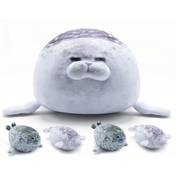 BRAUDREW Chubby Seal Plush Pillow with 4 Cuddly Babies Seal in Her Tummy, Blob Seal Ocean Stuffed Animal Toy for Kids