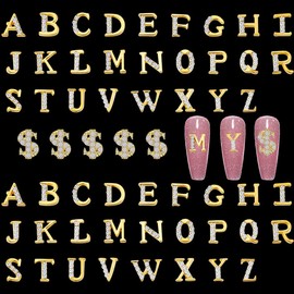 52pcs Gold Letters Nail Stud Alloy Rhinestone + 5pcs 3D Dollar Sign Money Nail Art 3D Capital Letters Nail Studs Alphabet Nail Charms Art for Acrylic Nails Bling Jewels Making Crafts DIY Manicure