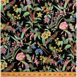Elizabeth Studios Cotton Hummingbirds Flowers Gold Metallic Black Fabric Print by the Yard D409.34