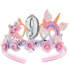9th Birthday Crown for Girls, 9th Birthday Headband for Girls, 9th Birthday Tiara for Girls 9th Birthday Decoration for Girls 9th Birthday Crown with Rainbow Wing for Girls 9 Year Old Disposable