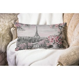 Smooffly Eiffel Tower Pillow Case,Decorative Throw Pillow Cover Romantic Love Flower Pillow Cases Cotton Linen Outdoor Indoor Oblong Cushion Covers for Home Sofa Couch 12x20 inch