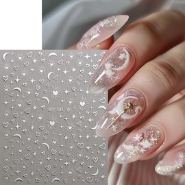 Star Heart Moon Nail Art Stickers Hearts Nail Decals 3D Self-Adhesive Silver Gold Laser Hearts Nail Sticker Valentines Sticker Design for Women and Girls Salon Manicure Decoration Kit 6Sheets