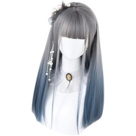 Eileen Blue Gray Semi-Long Full Wig, Women's Wig, Straight, Natural, Harajuku, Popular, Small Face, Cute, Medical