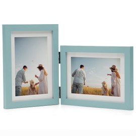 Janreefan Double Vertical & Horizontal Picture Frames Hinged Folding Photo Frames in Teal Blue Made of Pine Wood with Real Glass for Wall Hanging or Tabletop Standing, Display Pictures 4x6 with Mat or