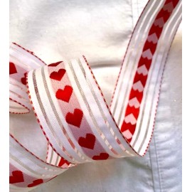 Berwick Offray Valentines Day 1.5" by 2 yd Wired Ribbon Vertical Red Hearts on White Satin Love