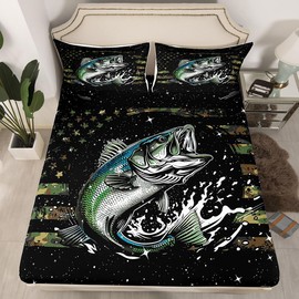 Feelyou Pike Fish Bed Sheet Set Twin Size Bass Big Fish Fitted Sheet for Kids Boys Girls Decor American Flag Bedding Set Glitter Black Bed Cover Deep Pocket