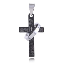 DonDon Men’s Cross Pendant Stainless Steel with Spanish Lord's Prayer Engraving Black