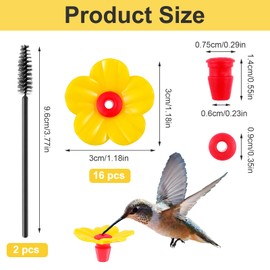 Mabor 16Pcs Hummingbird Feeder Replacement Parts Flowers Yellow Pet Bird Feeder Replacement with 2Pcs Brushes Feeding Ports for Hummingbird for Outdoors Hanging Feeding
