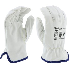 West Chester KS992K Premium Cow Grain Gloves – White, Medium, 10 in., Arc Flash Leather Driver Gloves with Cut Resistant Lining, Keystone Thumbs