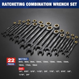 WORKPRO 22-Piece Ratcheting Wrench Set, Anti-slip Teeth, Ratchet Combination Wrench Sets with Organizer Box, Metric 6-18mm & SAE 1/4-3/4", Black Electrophoretic Coating