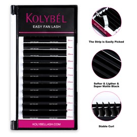 Kolybel KOLYBEL Eyelash Extensions Cashmere Easy Fan Lashes 0.03 Thickness C Curl 8-15mm Mix Tray Auto Blooming Lash Extension Matte Dark Black Volume Lashes Lasting Self Fanning Lashes(0.03-C,8-15mm)