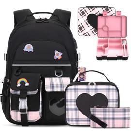 ACESAK Girls Backpack - Bento Box with Insulated Lunch Bag Pencil Case & Utensils Set for Kids, 6 Leakproof Compartments Removable Tray Lunches or Snack Container for School (Black)