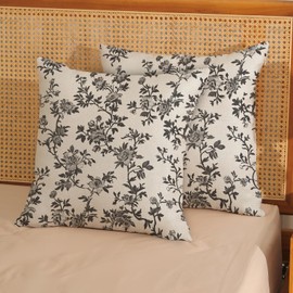 JEFERSO Black Floral Pillow Covers 18x18 Set of 2 Black and Cream Chinoiserie Floral Decorative Throw Pillows Vintage Rustic Toile Flower Pillowcase Outdoor Decor Linen Cushion Cover for Couch Sofa